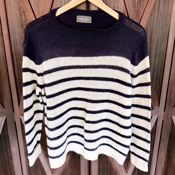 Wooden Ships Sweaters - Wooden Ships Mohair Blend Striped Crewneck Pullover Sweater Wool Preppy Navy